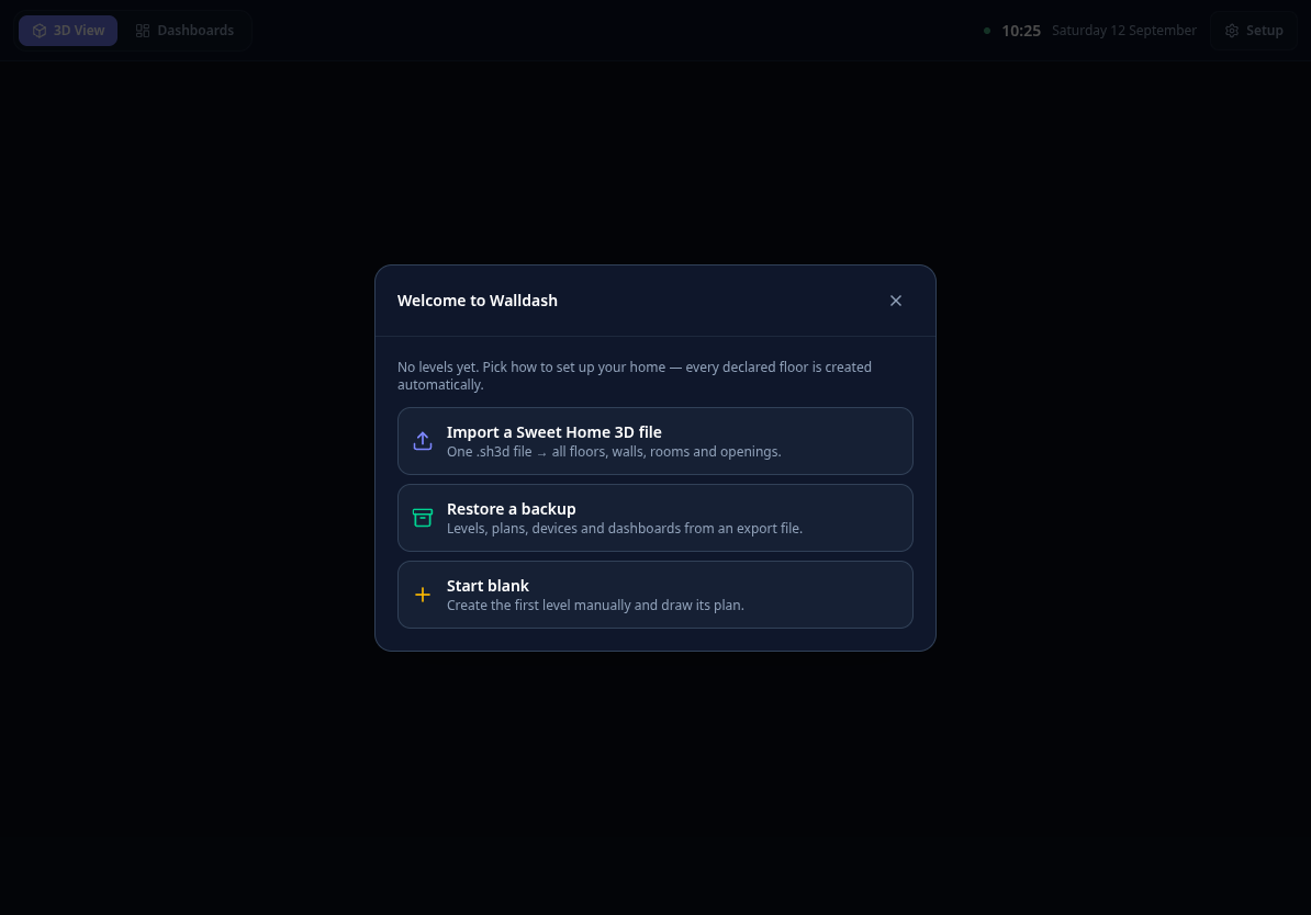 Walldash onboarding wizard offering import, restore and blank options